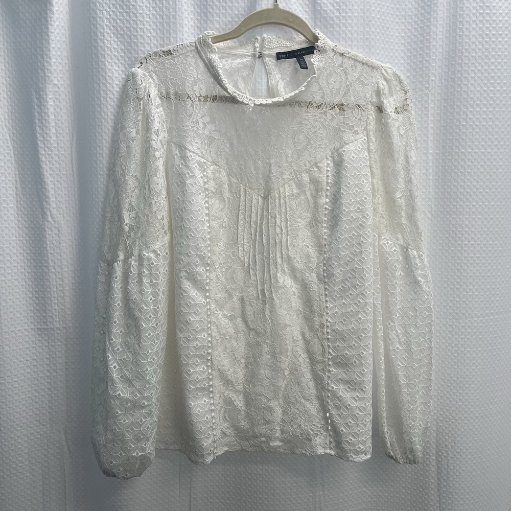 WHBM Ivory Boho Romantic Victorian Lace Eyelet Cottagecore Feminine Top 10 - Picture 2 of 7